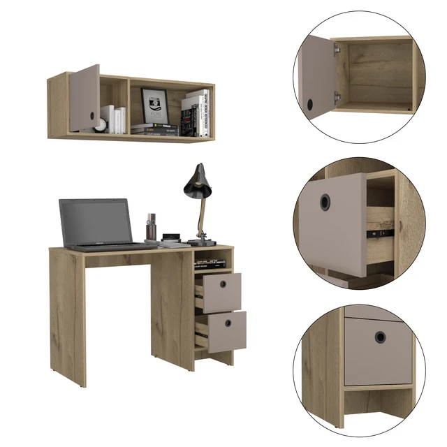 Alt view image 3 of 7 - Light Oak and Taupe 2-Shelf 3-Drawer 2-Piece Office Set