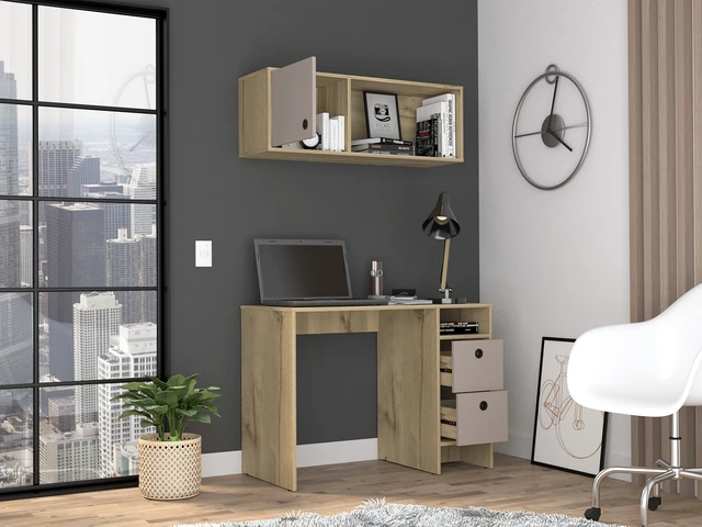 Alt view image 2 of 7 - Light Oak and Taupe 2-Shelf 3-Drawer 2-Piece Office Set