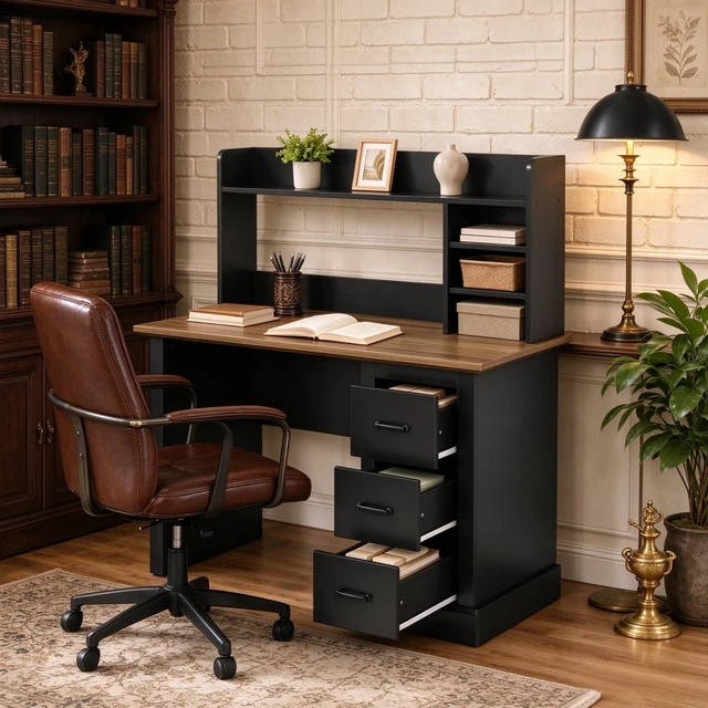Alt view image 2 of 7 - Home Office Desk,Computer Desk,Writing Desk with 3 Drawers and Storage Shelves(Only Office Desk)