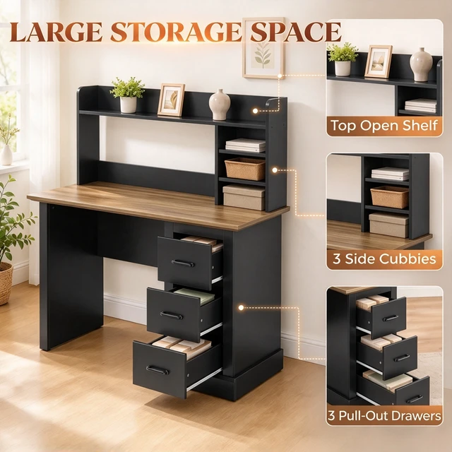 Alt view image 7 of 7 - Home Office Desk,Computer Desk,Writing Desk with 3 Drawers and Storage Shelves(Only Office Desk)