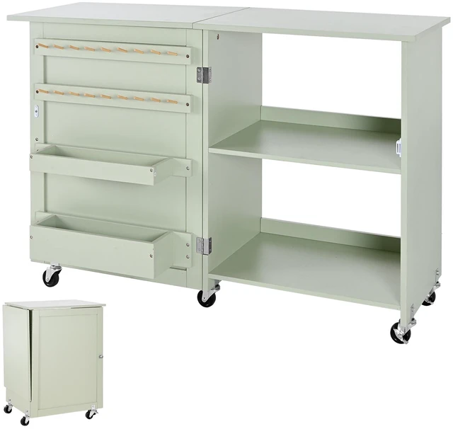 Main image of Folding Sewing Table, Multipurpose Sewing Machine Table with Compact Design, Wheels, Wooden Pegs, Storage Trays and Shelf, Magnetic Door Lock, Craft Station and Side Desk for Home, Light Green