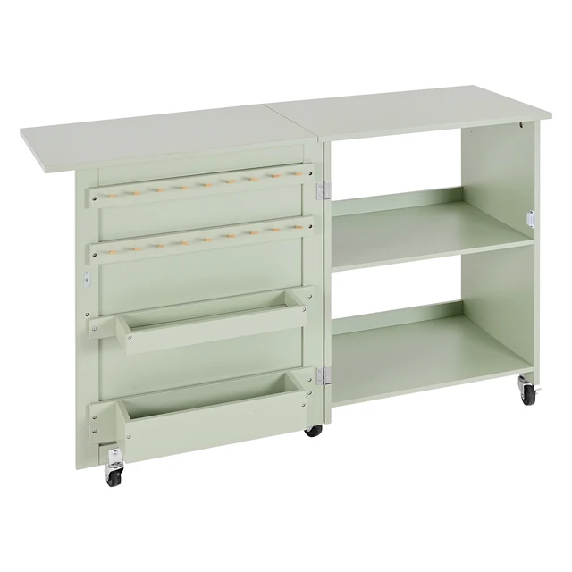 Alt view image 2 of 7 - Folding Sewing Table, Multipurpose Sewing Machine Table with Compact Design, Wheels, Wooden Pegs, Storage Trays and Shelf, Magnetic Door Lock, Craft Station and Side Desk for Home, Light Green