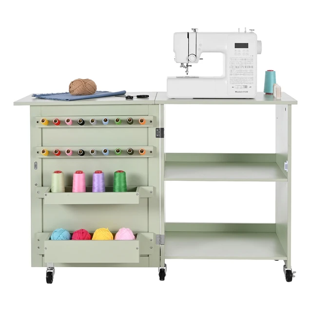 Alt view image 4 of 7 - Folding Sewing Table, Multipurpose Sewing Machine Table with Compact Design, Wheels, Wooden Pegs, Storage Trays and Shelf, Magnetic Door Lock, Craft Station and Side Desk for Home, Light Green