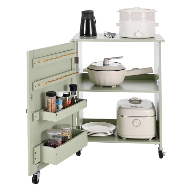 Alt view image 3 of 7 - Folding Sewing Table, Multipurpose Sewing Machine Table with Compact Design, Wheels, Wooden Pegs, Storage Trays and Shelf, Magnetic Door Lock, Craft Station and Side Desk for Home, Light Green