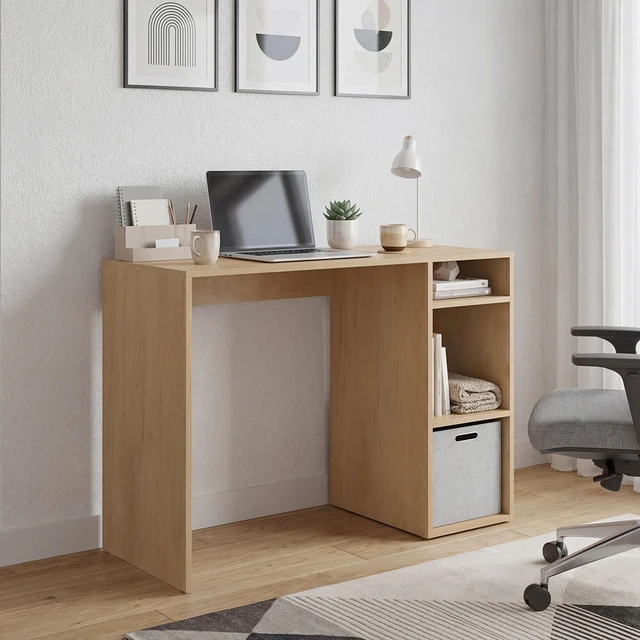 Main image of Computer Desk with 3 Shelves and 1 Basket - Natural Oak
