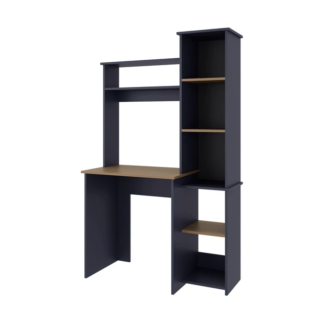 Alt view image 2 of 5 - Navy Blue and Natural Oak Computer Desk with Hutch and Side Bookshelf