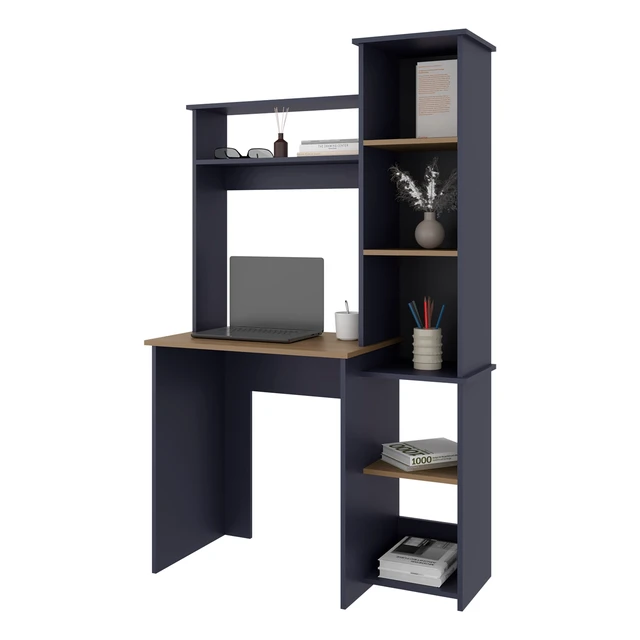 Alt view image 3 of 5 - Navy Blue and Natural Oak Computer Desk with Hutch and Side Bookshelf