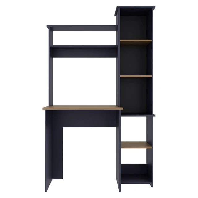 Alt view image 4 of 5 - Navy Blue and Natural Oak Computer Desk with Hutch and Side Bookshelf