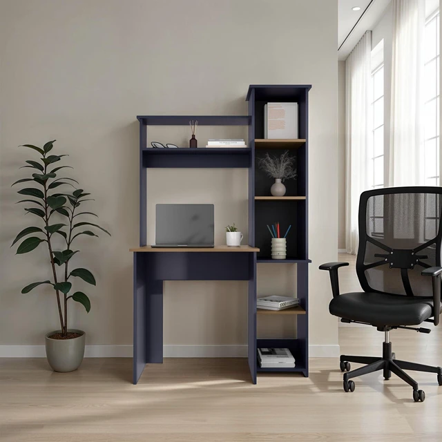 Main image of Navy Blue and Natural Oak Computer Desk with Hutch and Side Bookshelf