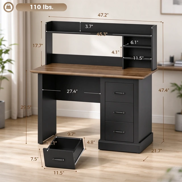 Alt view image 6 of 7 - Home Office Desk,Computer Desk,Writing Desk with 3 Drawers and Storage Shelves(Only Office Desk)
