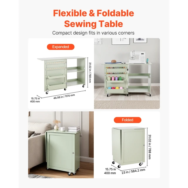 Alt view image 6 of 7 - Folding Sewing Table, Multipurpose Sewing Machine Table with Compact Design, Wheels, Wooden Pegs, Storage Trays and Shelf, Magnetic Door Lock, Craft Station and Side Desk for Home, Light Green