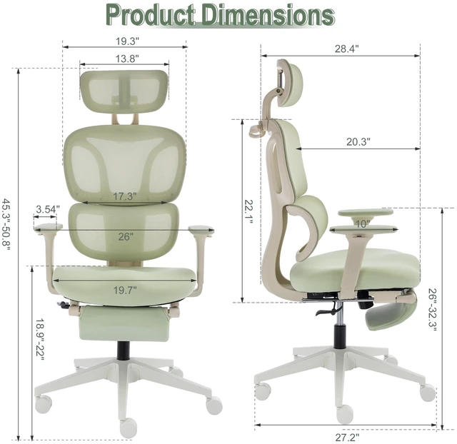 Main image of Ergonomic Office Chair with Footrest, High Back Computer Office Chair with Dynamic Lumbar Support, 2D Headrest, 4D Armrest, Sponge Seat, Mesh Home Office Desk Chair for Adults,Green.