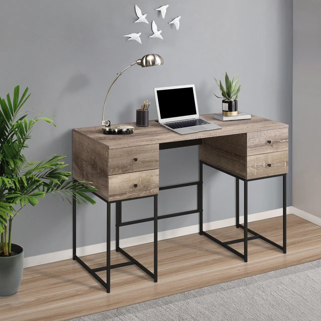 Main image of Rustic Oak and Black 4-drawer Writing Desk