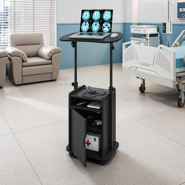 Main image of Sit-to-Stand Rolling Adjustable Laptop Cart With Storage, Black