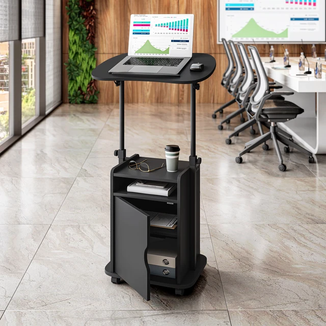 Alt view image 5 of 7 - Sit-to-Stand Rolling Adjustable Laptop Cart With Storage, Black