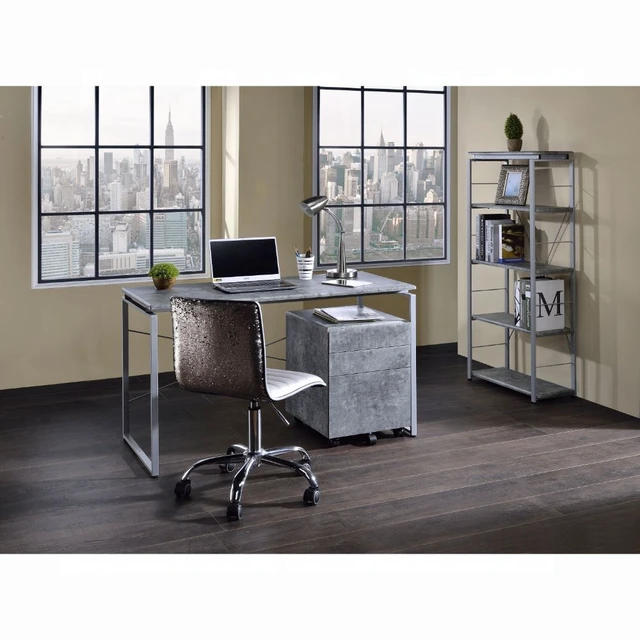 Alt view image 6 of 6 - Metal Frame Writing Desk 1pc Wooden Home Office Furniture Faux Concrete & Silver Finish Laptop Table