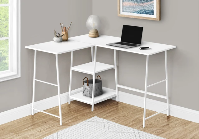 Alt view image 4 of 5 - Computer Desk, Home Office, Corner, Storage Shelves, 48"l, L Shape, Work, Laptop, White Laminate, White Metal, Contemporary, Modern