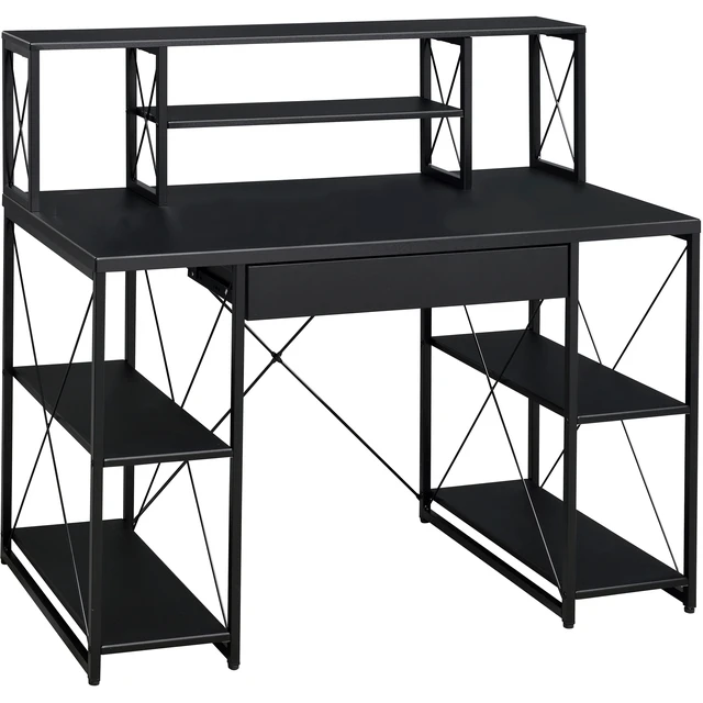 Alt view image 2 of 7 - Black Office Desk with Open Shelves and Hutch