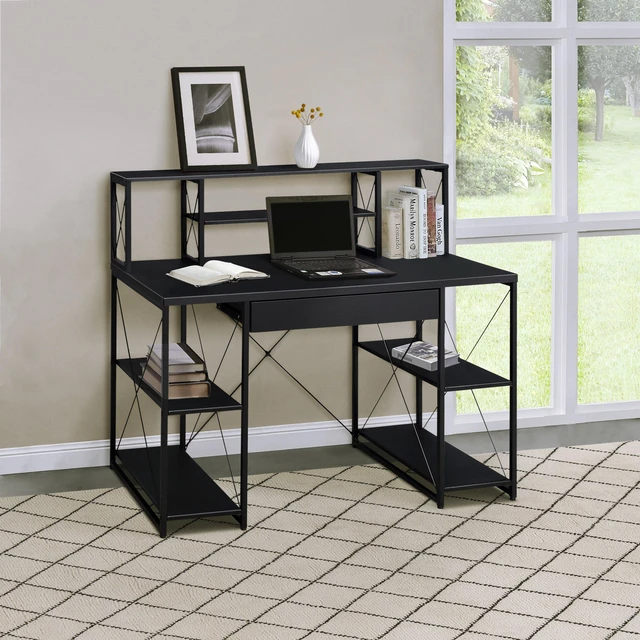 Main image of Black Office Desk with Open Shelves and Hutch