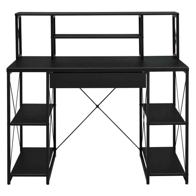 Alt view image 3 of 7 - Black Office Desk with Open Shelves and Hutch