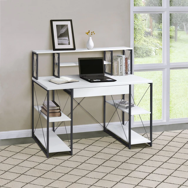 Main image of White and Black Office Desk with Open Shelves and Hutch