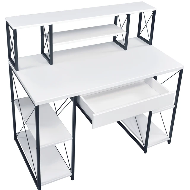 Alt view image 4 of 7 - White and Black Office Desk with Open Shelves and Hutch