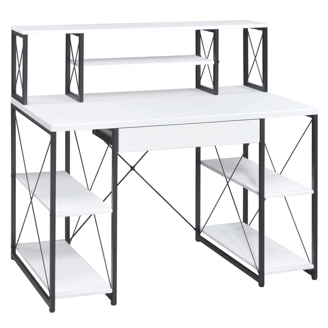 Alt view image 2 of 7 - White and Black Office Desk with Open Shelves and Hutch