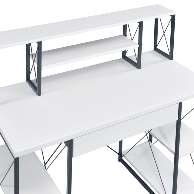 Alt view image 6 of 7 - White and Black Office Desk with Open Shelves and Hutch