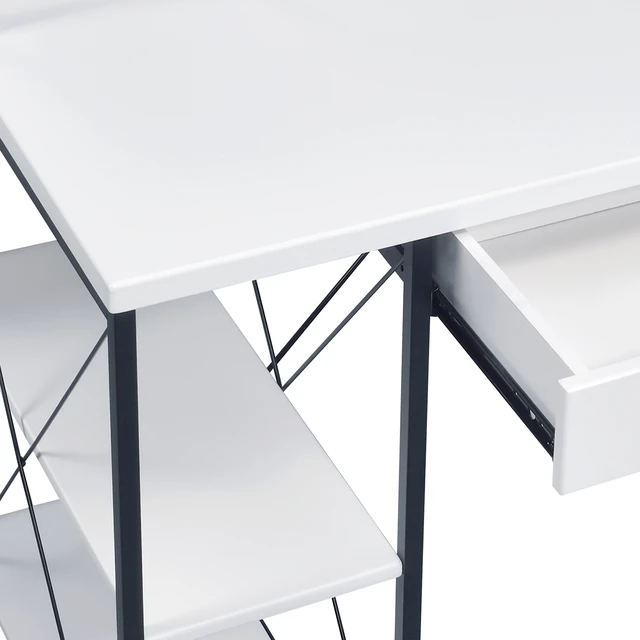 Alt view image 7 of 7 - White and Black Office Desk with Open Shelves and Hutch