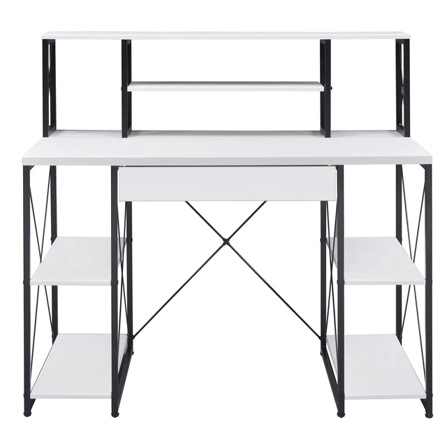 Alt view image 3 of 7 - White and Black Office Desk with Open Shelves and Hutch