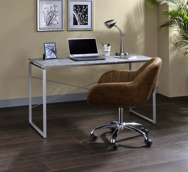 Alt view image 5 of 6 - Metal Frame Writing Desk 1pc Wooden Home Office Furniture Faux Concrete & Silver Finish Laptop Table