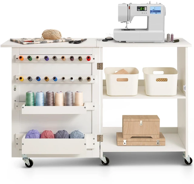 Main image of Folding Sewing Table with Lockable Wheels Storage Shelves Trays Door White