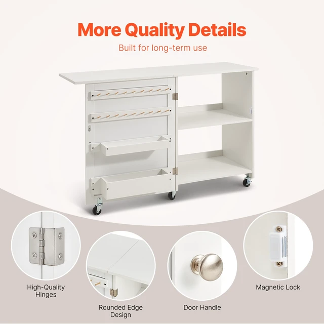 Alt view image 5 of 7 - Folding Sewing Table with Lockable Wheels Storage Shelves Trays Door White