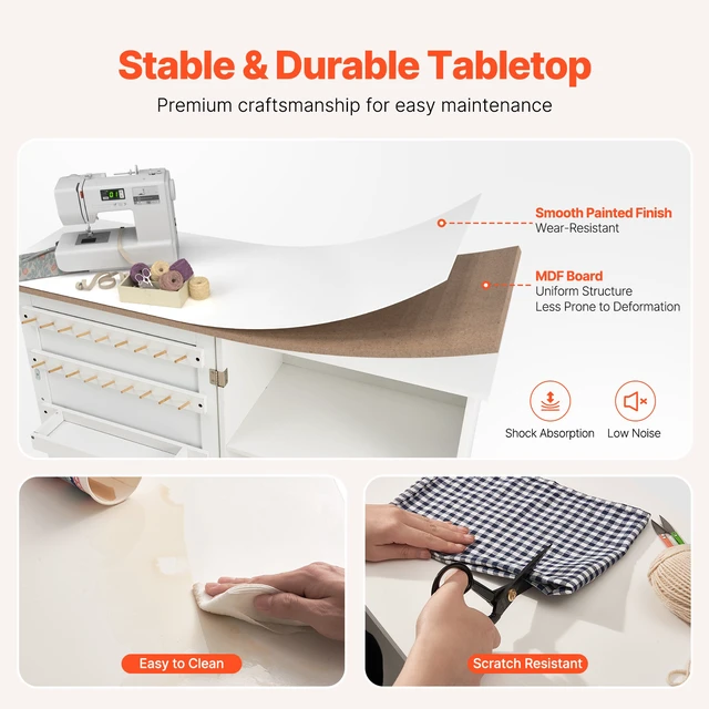 Alt view image 4 of 7 - Folding Sewing Table with Lockable Wheels Storage Shelves Trays Door White
