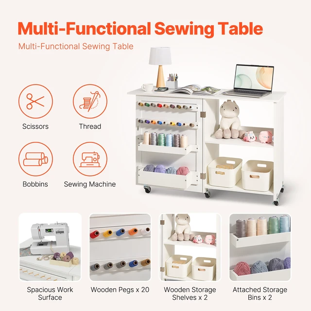 Alt view image 3 of 7 - Folding Sewing Table with Lockable Wheels Storage Shelves Trays Door White