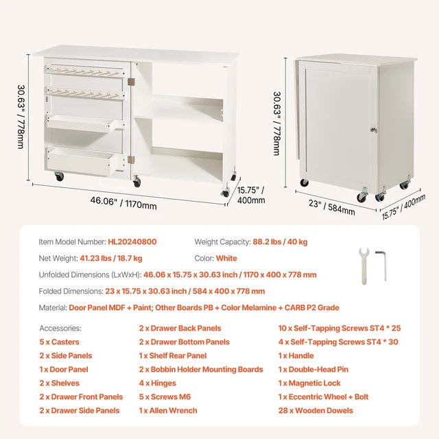Alt view image 6 of 7 - Folding Sewing Table with Lockable Wheels Storage Shelves Trays Door White