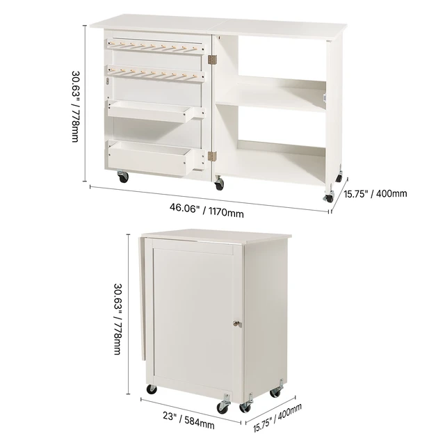 Alt view image 7 of 7 - Folding Sewing Table with Lockable Wheels Storage Shelves Trays Door White