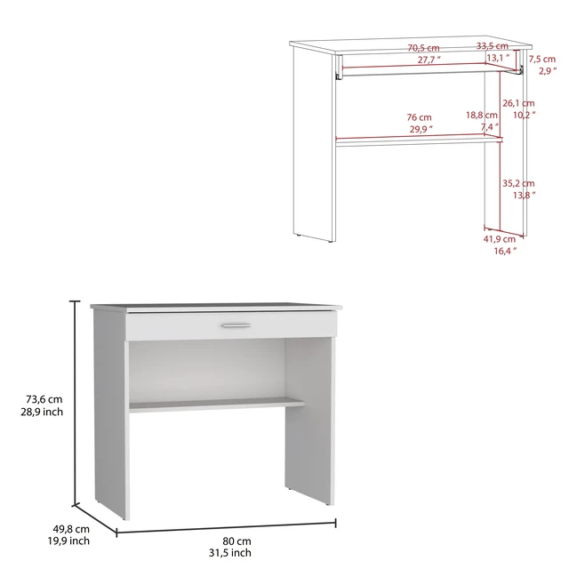 Alt view image 3 of 7 - 80 C Writting Desk, Compact Workstation with Drawer and Lower Shelf