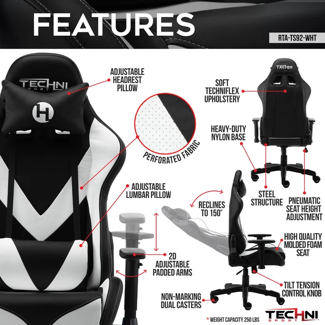 Alt view image 3 of 7 - Techni Sport TS-92 Office-PC Gaming Chair, White