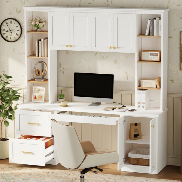 Alt view image 2 of 7 - Farmhouse Modern Computer Desk with Hutch, All-in-One Home Office Workstation with Desk Grommet & Keyboard Tray, Mid-Century Office Desk with File Drawer & Adjustable Shelves for Study, Office, White
