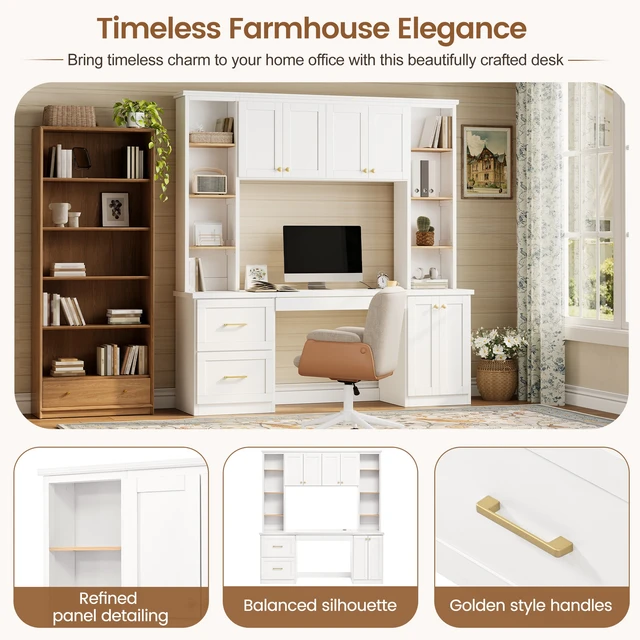 Alt view image 3 of 7 - Farmhouse Modern Computer Desk with Hutch, All-in-One Home Office Workstation with Desk Grommet & Keyboard Tray, Mid-Century Office Desk with File Drawer & Adjustable Shelves for Study, Office, White