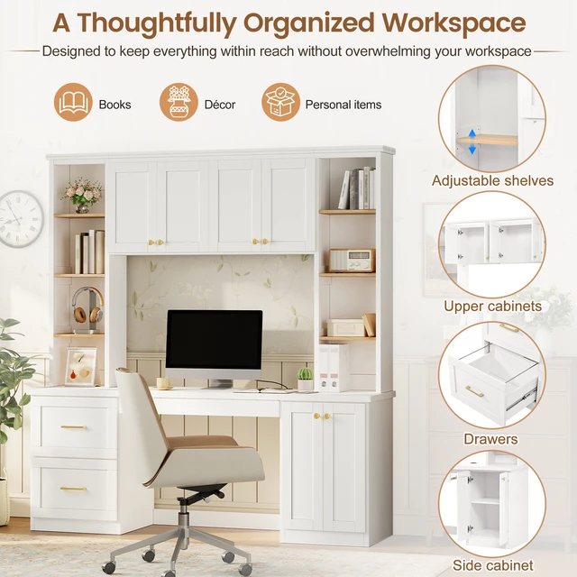 Alt view image 6 of 7 - Farmhouse Modern Computer Desk with Hutch, All-in-One Home Office Workstation with Desk Grommet & Keyboard Tray, Mid-Century Office Desk with File Drawer & Adjustable Shelves for Study, Office, White