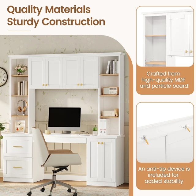 Alt view image 7 of 7 - Farmhouse Modern Computer Desk with Hutch, All-in-One Home Office Workstation with Desk Grommet & Keyboard Tray, Mid-Century Office Desk with File Drawer & Adjustable Shelves for Study, Office, White