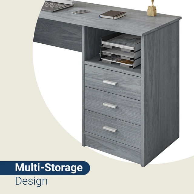 Alt view image 4 of 7 - Classic Computer Desk with Multiple Drawers, Grey