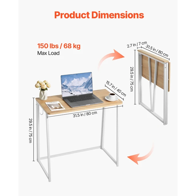 Alt view image 3 of 7 - Folding Desk, 31.5" Foldable Table for Small Spaces with Storage Hooks, Space Saving Computer Table, Writing Workstation for Home Office, Easy Assembly, Oak