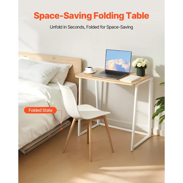 Alt view image 2 of 7 - Folding Desk, 31.5" Foldable Table for Small Spaces with Storage Hooks, Space Saving Computer Table, Writing Workstation for Home Office, Easy Assembly, Oak