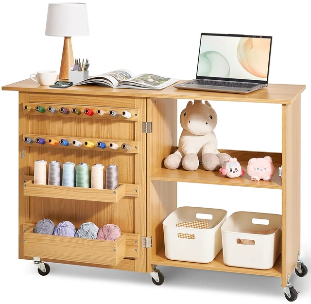 Main image of Folding Sewing Table, Multipurpose Sewing Machine Table with Compact Design, Wheels, Shelves, Storage Trays, Wooden Pegs, and Magnetic Doors, Sewing Desk Cabinet for Sewing Machine, Wood Color