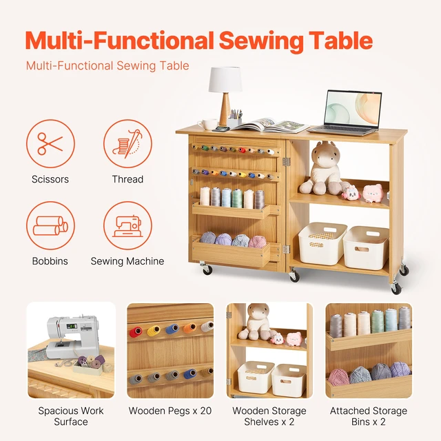 Alt view image 2 of 7 - Folding Sewing Table, Multipurpose Sewing Machine Table with Compact Design, Wheels, Shelves, Storage Trays, Wooden Pegs, and Magnetic Doors, Sewing Desk Cabinet for Sewing Machine, Wood Color