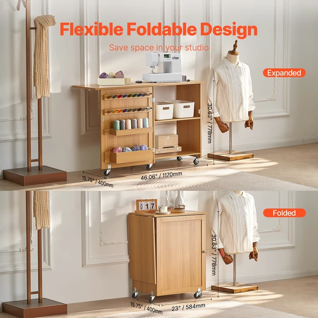 Alt view image 3 of 7 - Folding Sewing Table, Multipurpose Sewing Machine Table with Compact Design, Wheels, Shelves, Storage Trays, Wooden Pegs, and Magnetic Doors, Sewing Desk Cabinet for Sewing Machine, Wood Color