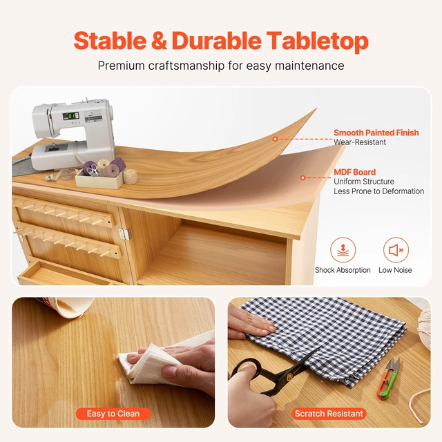 Alt view image 5 of 7 - Folding Sewing Table, Multipurpose Sewing Machine Table with Compact Design, Wheels, Shelves, Storage Trays, Wooden Pegs, and Magnetic Doors, Sewing Desk Cabinet for Sewing Machine, Wood Color